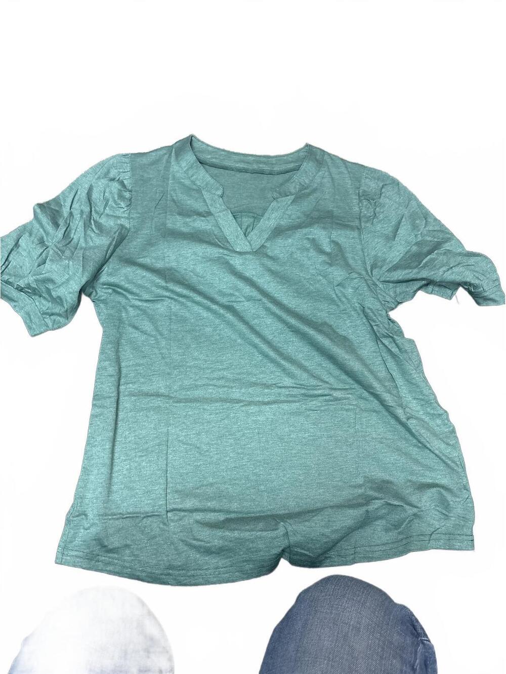 Womens Green Short Sleeve V-Neck Casual Blouse Top Basic Tee Shirt